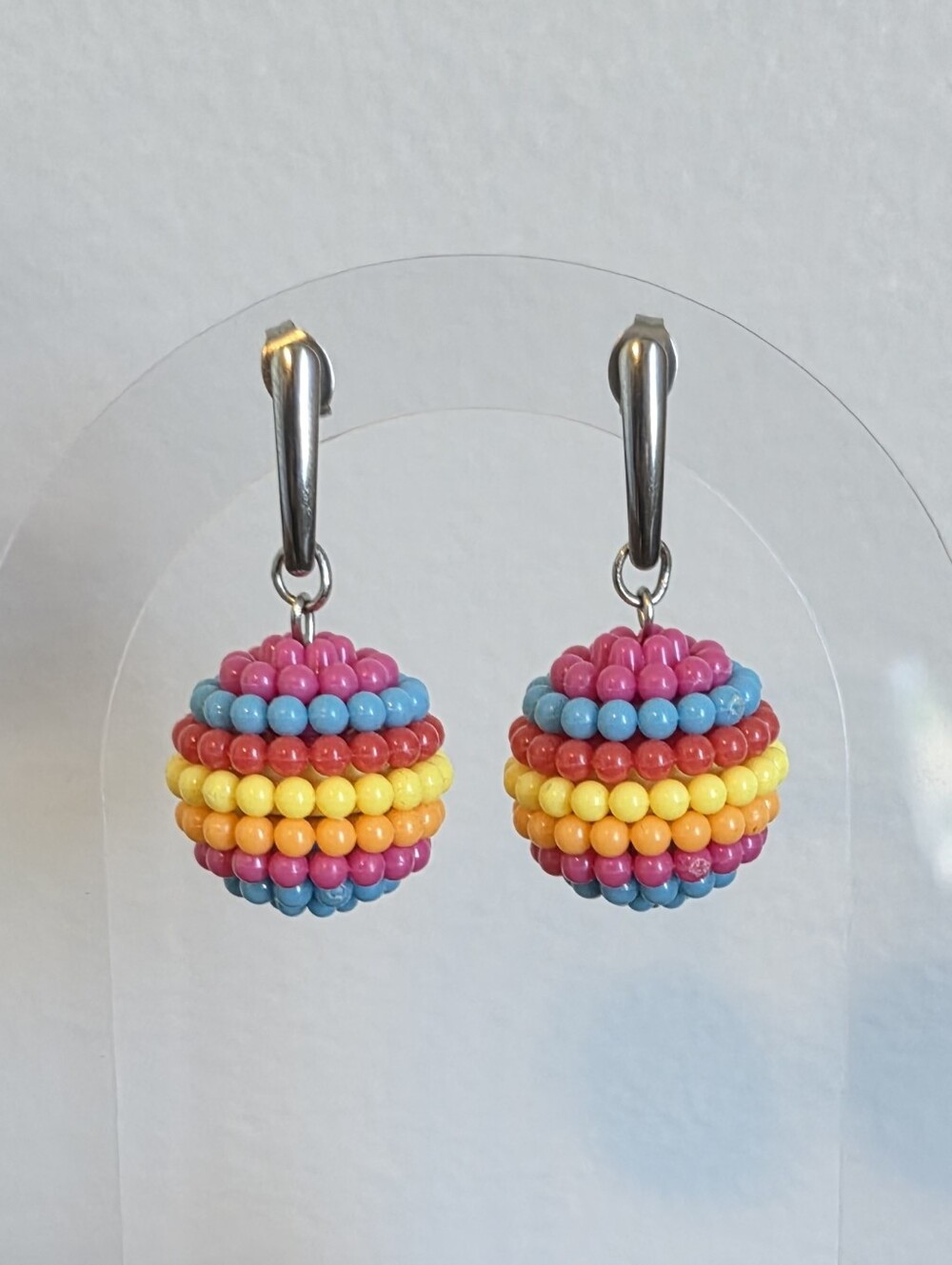 Multicolor Beaded Sphere Drop Earrings - Pink, Blue & Yellow